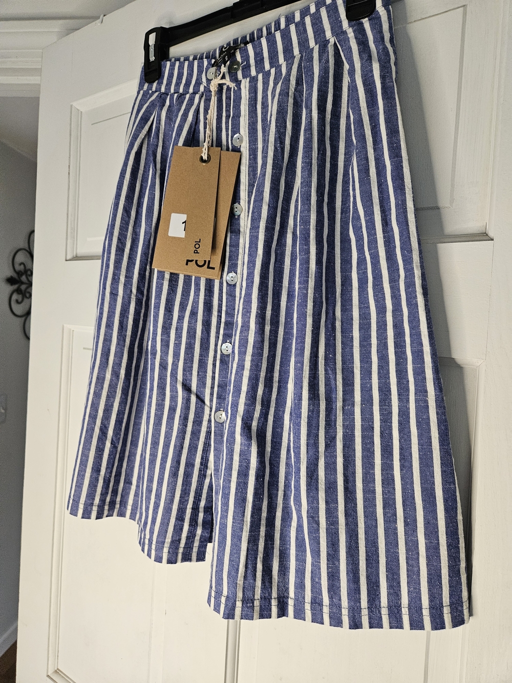 POL Blue and White Vertical Stripe Button-Front Skater Skirt